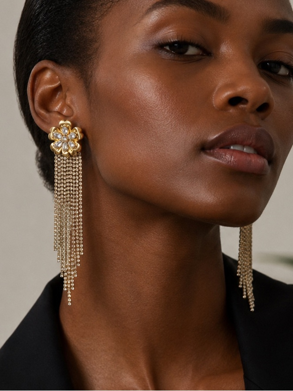 Gold Floral Chain Tassel Drop Earrings